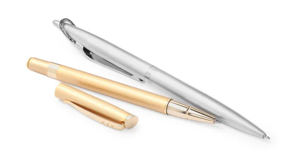 Nieuwe Stijlvolle Zilveren Gouden Pennen Geïsoleerd Wit — Stockfoto