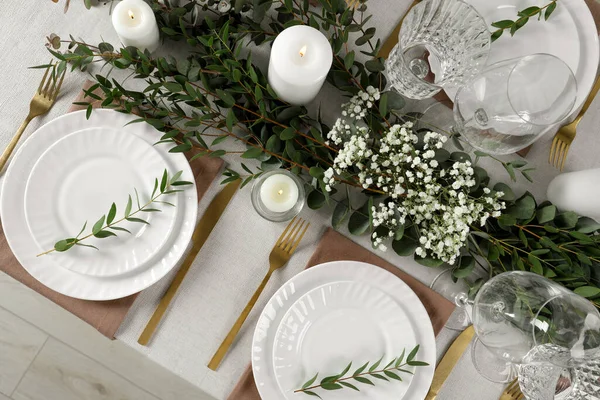 Stilvoll Elegante Tischdekoration Für Festliches Abendessen Flach Gelegt — Stockfoto