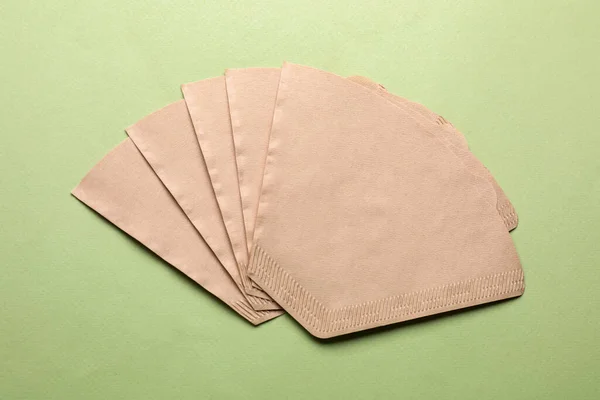 Paper Coffee Filters Pale Olive Background Flat Lay — Stock Photo, Image