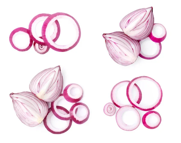 Collage Cut Red Onion White Background Top View — Stock Photo, Image
