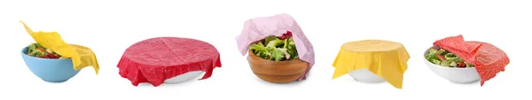 Kolaż Różnych Pokarmów Miskach Pokrytych Foliami Wosku Pszczelego Izolowanymi Biało — Zdjęcie stockowe