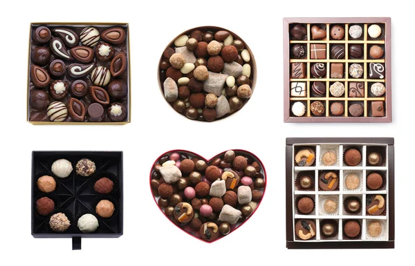 Muitas Caixas Com Doces Chocolate Diferentes Saborosos Fundo Branco Vista — Fotografia de Stock