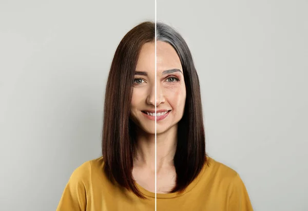 老化期间外观的变化 女人的画像被分割成两半 以显示她在年轻和老年时的模样 浅灰背景下的拼接设计 — 图库照片