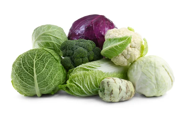 Many Different Fresh Ripe Cabbages White Background — Fotografia de Stock