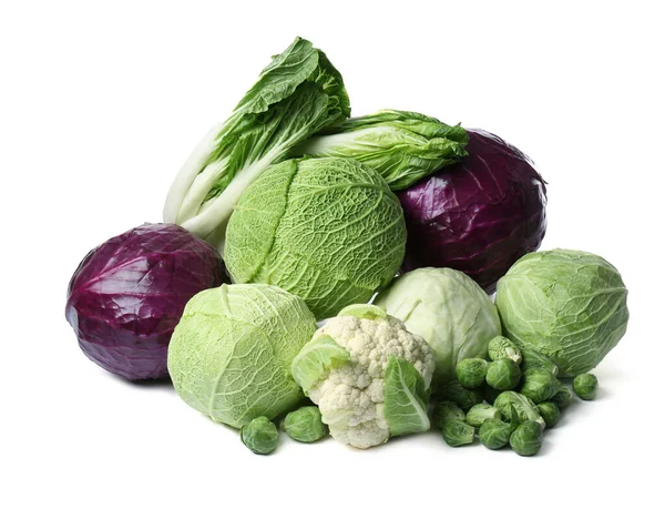 Many Different Fresh Ripe Cabbages White Background — Photo