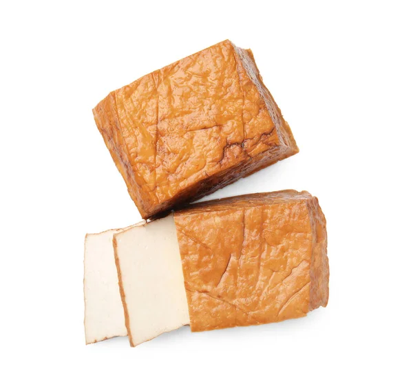 Cut Smoked Tofu Cheese White Background Top View — Stock Photo, Image