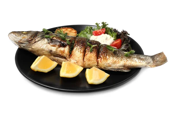 Placa Con Deliciosos Pescados Lubina Ingredientes Aislados Blanco — Foto de Stock