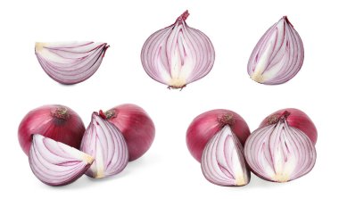 Bütünüyle kolaj ve beyaz arkaplandaki kırmızı soğanları kes