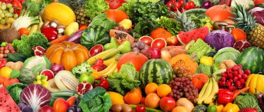 Assortment of fresh vegetables and fruits as background, banner design clipart