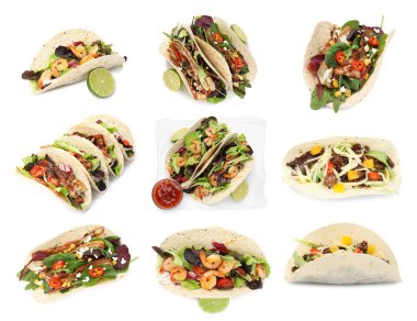 Beyaz, kolaj desenli lezzetli tacolar.