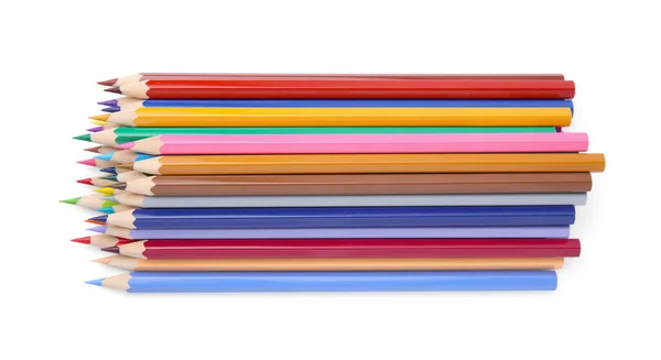Pile Colorful Wooden Pencils White Background Top View — Stock Photo, Image