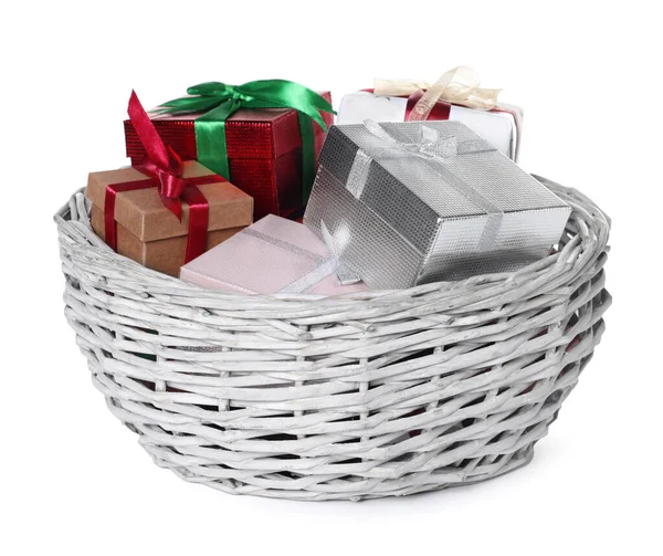 Wicker Basket Full Gift Boxes White Background — Stock Photo, Image