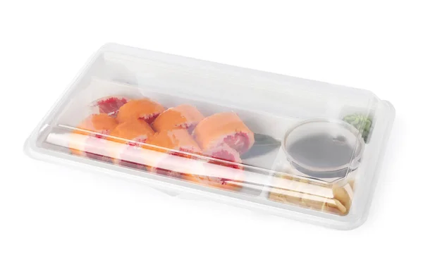 Ételszállítás Finom Sushi Tekercsek Szójaszósszal Gyömbérrel Wasabival Evőpálcikákkal Fehér Alapon — Stock Fotó