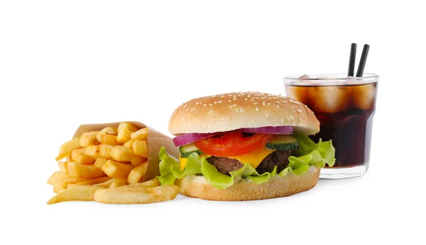 Delicious Burger Soda Drink French Fries White Background — Stock Photo, Image