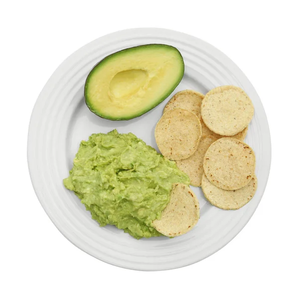 Heerlijke Guacamole Avocado Chips Witte Achtergrond Bovenaanzicht — Stockfoto
