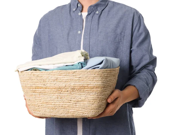 Man Basket Full Laundry White Background Closeup — Stock Photo, Image