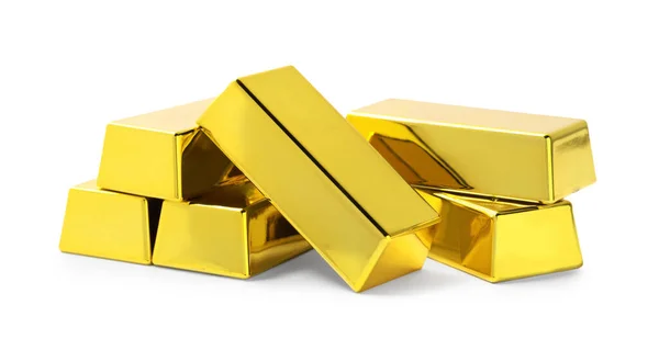 Many Shiny Gold Bars Isolated White — Stockfoto