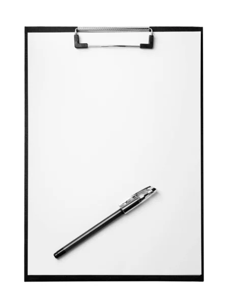 Clipboard Sheet Paper Pen Isolated White Top View Space Text — Stock Photo, Image
