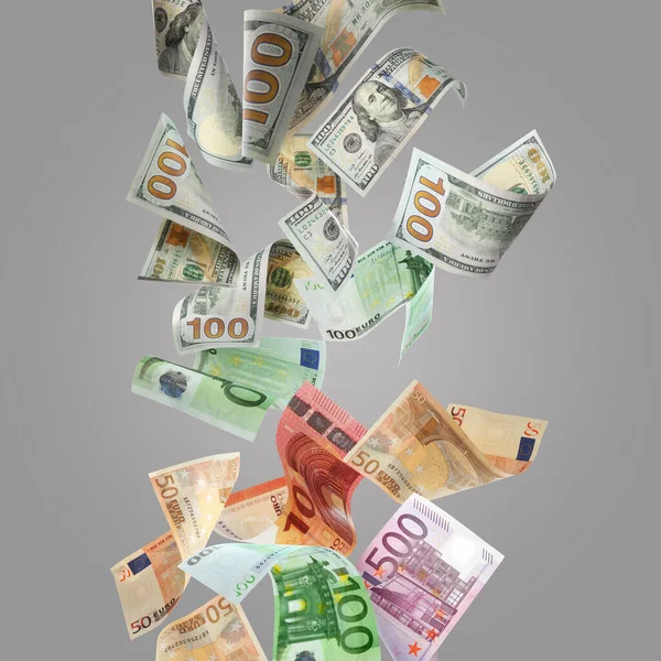 Cambio Dinero Muchos Dólares Billetes Euros Cayendo Sobre Fondo Gris — Foto de Stock