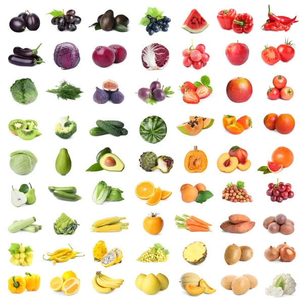 Asortyment Świeżych Owoców Warzyw Białym Tle Projekt Kolażu — Zdjęcie stockowe