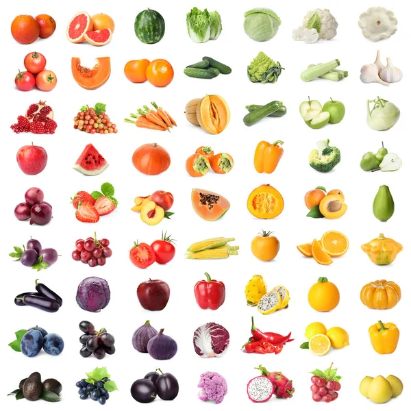 Sortimento Frutas Legumes Frescos Fundo Branco Design Colagem — Fotografia de Stock