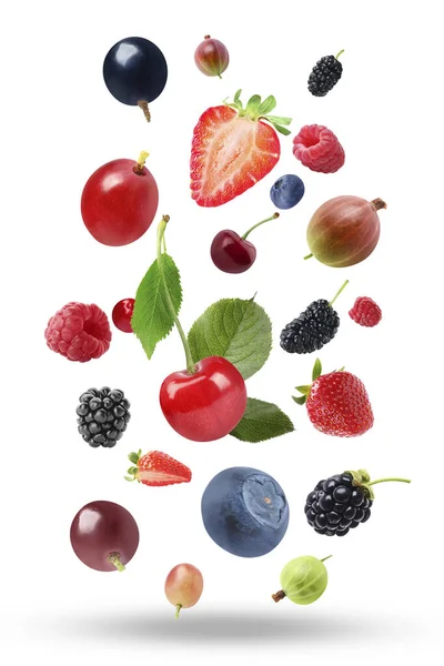 Many Different Fresh Berries Falling White Background — Stock Photo, Image