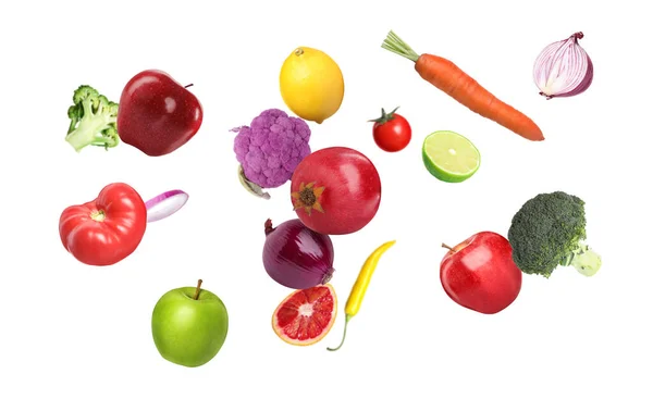 Muchas Verduras Frutas Frescas Cayendo Sobre Fondo Blanco — Foto de Stock