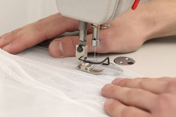 Dressmaker Sewing New Dress Machine Atelier Closeup — Stock Photo, Image
