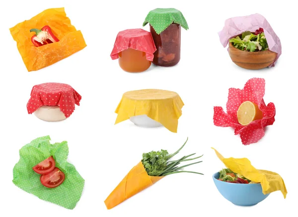 Collage Van Verschillende Voedingsmiddelen Met Bijenwas Voedselwikkels Geïsoleerd Wit — Stockfoto