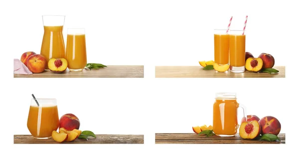 Collage Peach Juice Fresh Fruits Different Wooden Surfaces Isolated White — Stock Photo, Image