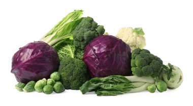 Many different fresh ripe cabbages on white background