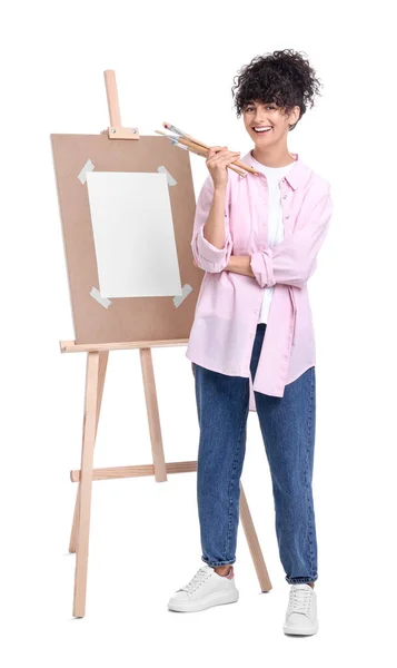 Young Woman Holding Brushes Easel White Background — Stock Photo, Image