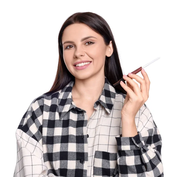 Woman Using Cigarette Holder Smoking Isolated White — Stock Photo, Image