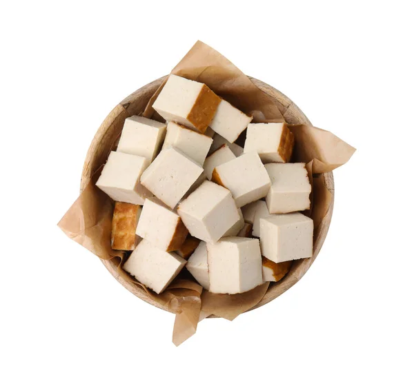Taça Deliciosos Cubos Tofu Defumados Isolados Branco Vista Superior — Fotografia de Stock