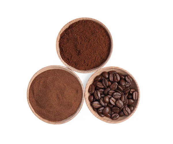 Kommen Bonen Instant Gemalen Koffie Witte Achtergrond Bovenaanzicht — Stockfoto