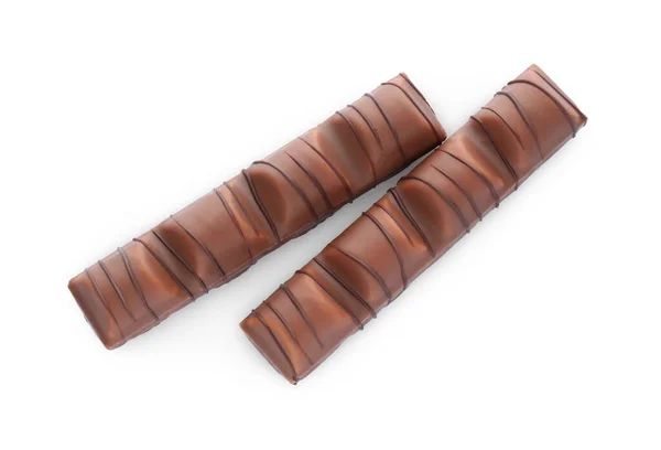 Tasty Chocolate Bars White Background Top View — Fotografie, imagine de stoc