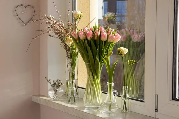 Many Different Spring Flowers Branches Leaves Windowsill Indoors — Foto de Stock