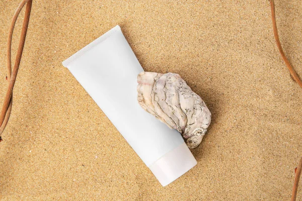Tube Cream Shell Branches Sand Top View Cosmetic Product — Stock Photo, Image