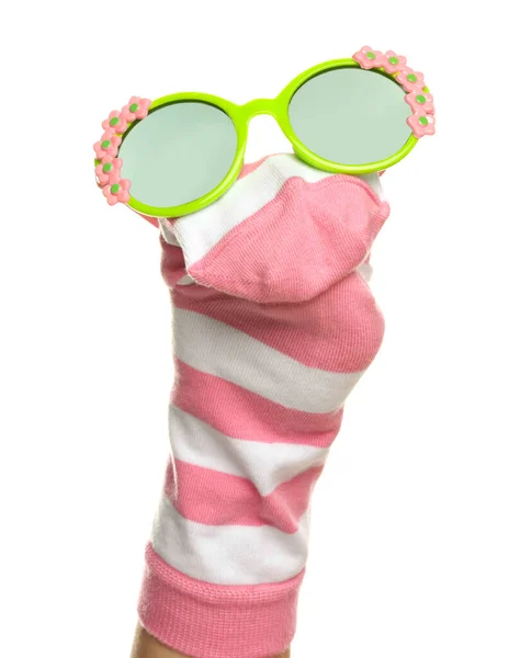 Αστεία Μαριονέτα Κάλτσα Γυαλιά Ηλίου Απομονωμένη Λευκό — Φωτογραφία Αρχείου