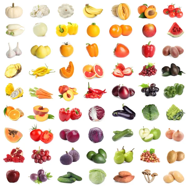 Beyaz Arka Planda Taze Meyve Sebze Çeşitleri Kolaj Tasarımı — Stok fotoğraf