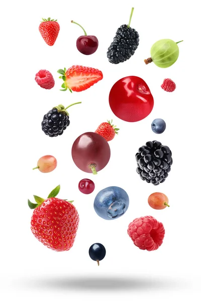 Many Different Fresh Berries Falling White Background — Stock Photo, Image