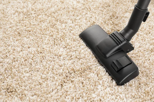 Hoovering Carpet Modern Vacuum Cleaner Indoors Closeup Space Text — Stock Photo, Image