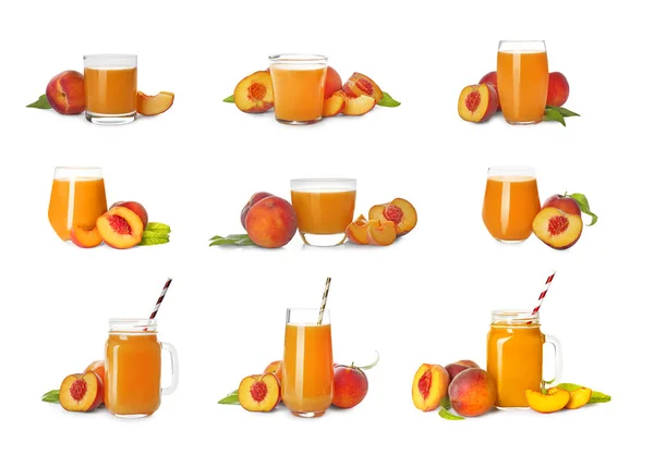 Collage Perziksap Vers Fruit Geïsoleerd Wit — Stockfoto