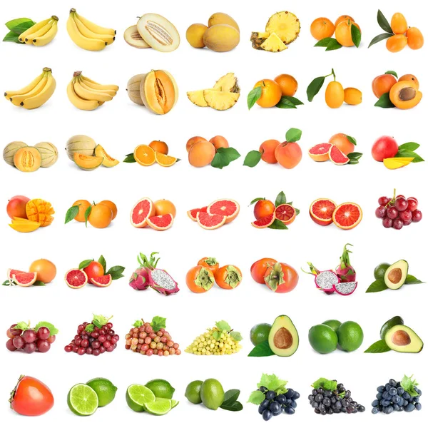 Collage Diferentes Frutas Frescas Sobre Fondo Blanco — Foto de Stock