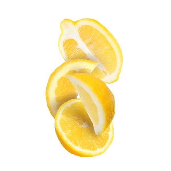 Skär Färska Mogna Citroner Isolerade Vitt — Stockfoto
