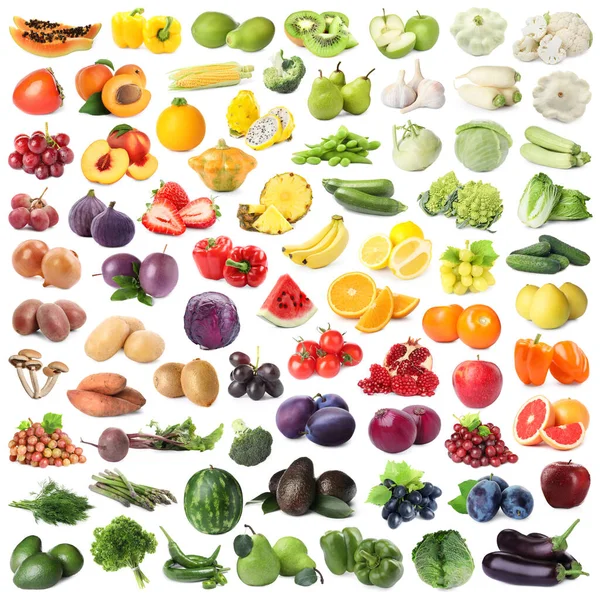 Sortiment Čerstvého Ovoce Zeleniny Bílém Pozadí Koláž Design — Stock fotografie