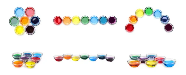 Collage Glass Bowls Different Food Coloring Isolated White — Stock Photo, Image