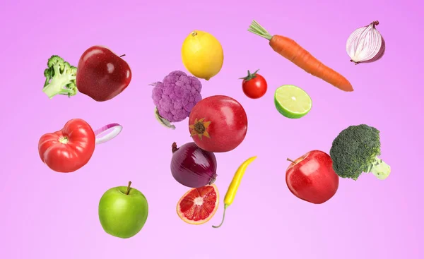 Muitos Vegetais Frescos Frutas Caindo Sobre Fundo Violeta — Fotografia de Stock