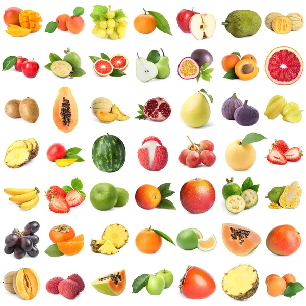 Colaj Diferite Fructe Proaspete Fundal Alb — Fotografie, imagine de stoc