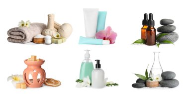 Beyazda izole edilmiş farklı spa ürünleriyle ayarlandı